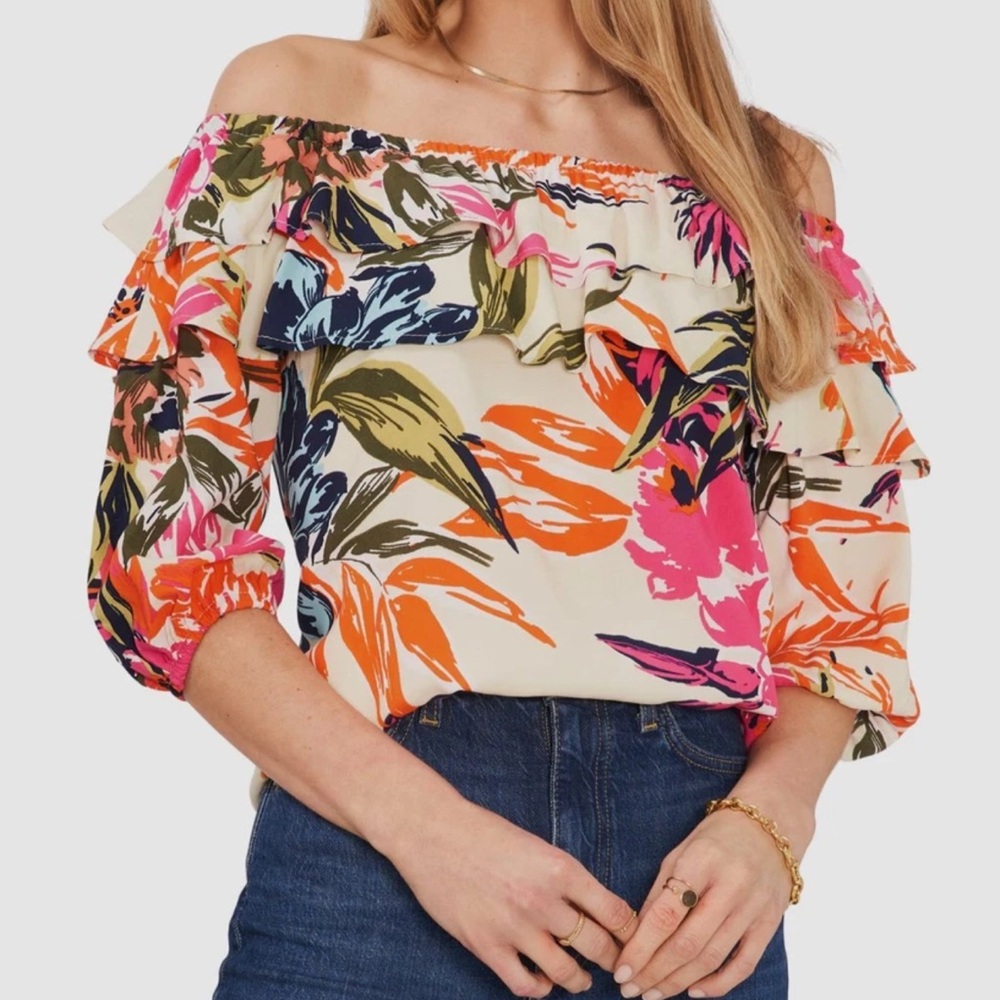 EUC Sam and Jess Off Shoulder Ivory Floral 3/4 Elastic Sleeve PL Top